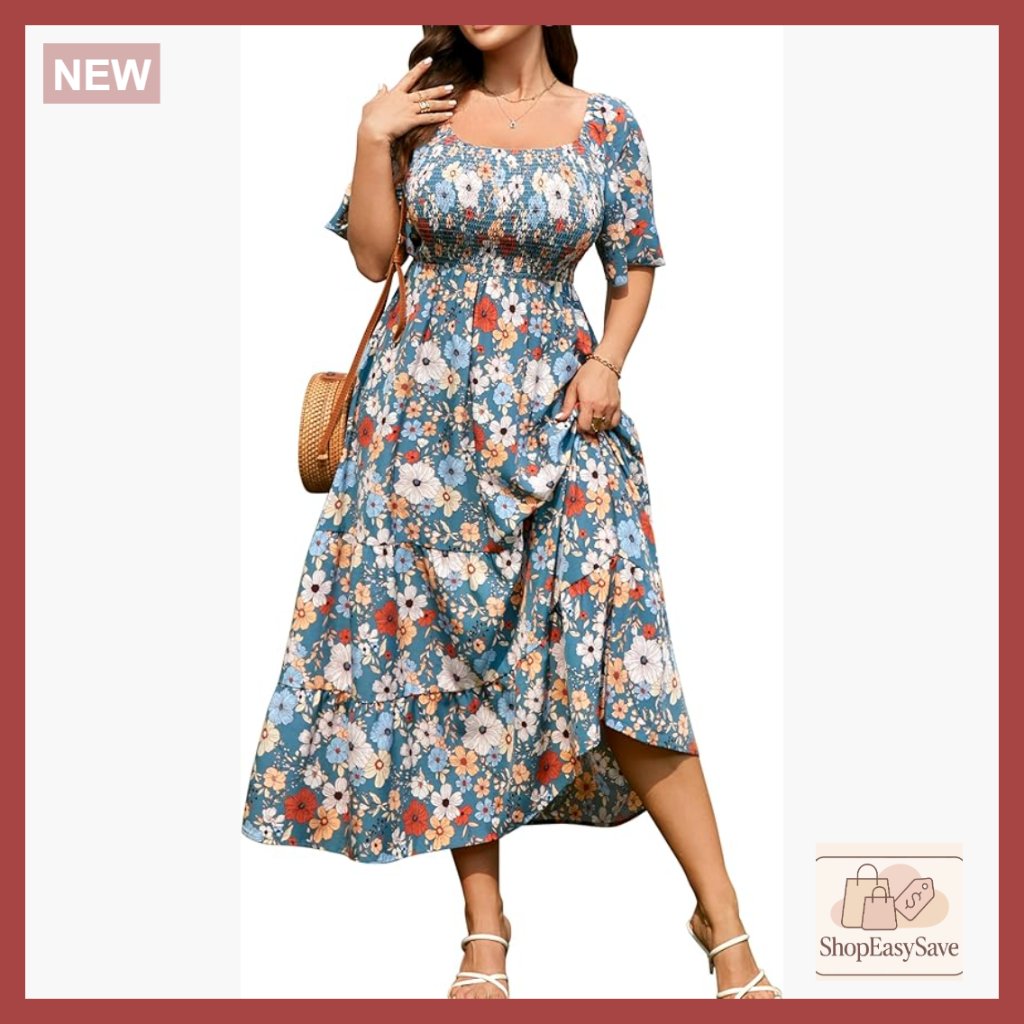 Plus Size Smocked Maxi Dress Boho Wedding Guest Beach Vacation Flowy